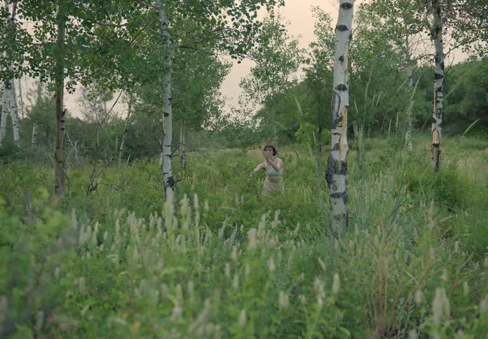 A woman dancing in an open field in the forest at sunset