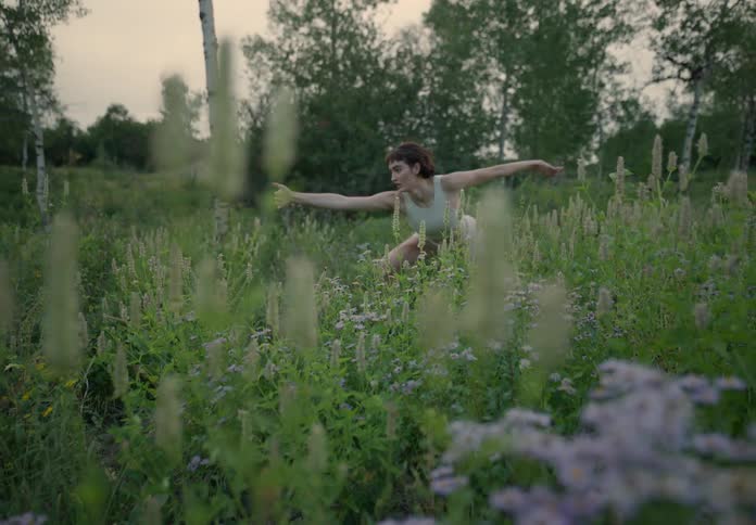 A woman is dancing in the meadow