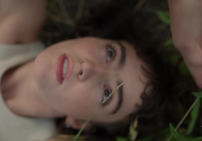 Close up of the face of a woman laying in the grass
