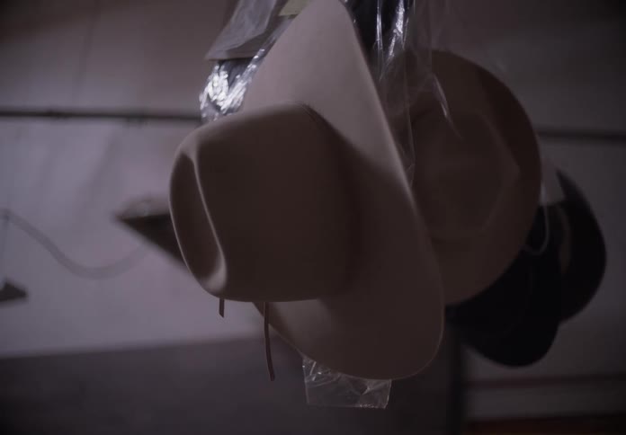Cowboy hats hanging in various colors and styles