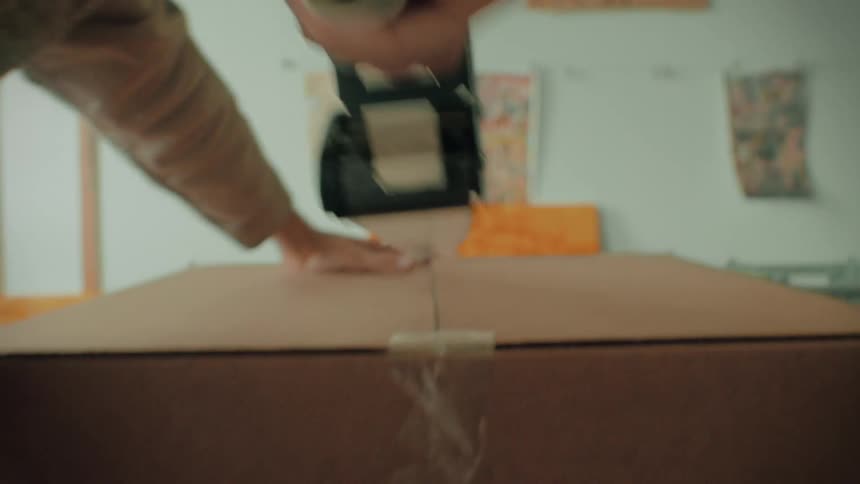 A woman closing a cardboard box with tape