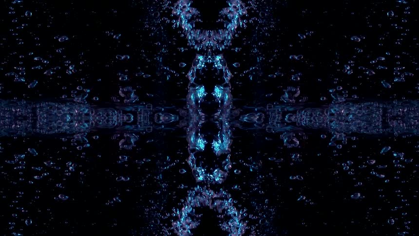 Abstract mirrored shot of a stream of air bubbles in neon water