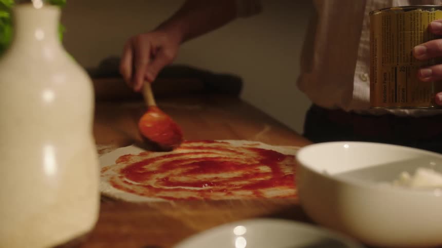 Closeup of a mans hands putting tomato sauce on pizza dough