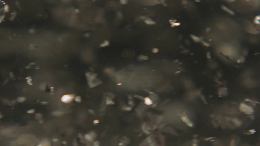 Extreme closeup of a spiral underwater with shiny silver confetti