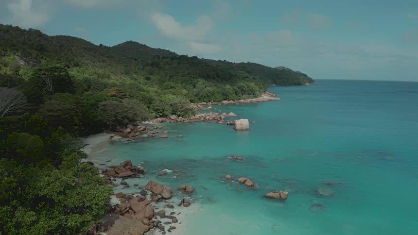 Aerial panorama of the coastline and turquoise blue beach