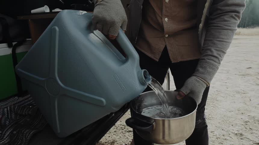 Closeup of a mans hands pouring water from a jug into a pot