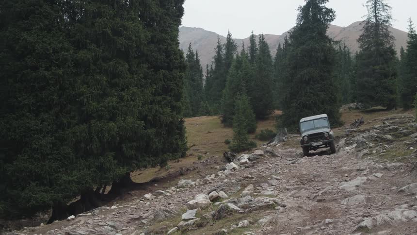 Soviet Jeep driving on rocky terrain amidst coniferous trees