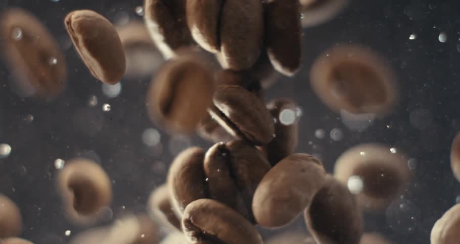 Coffee beans floating and swirling in water