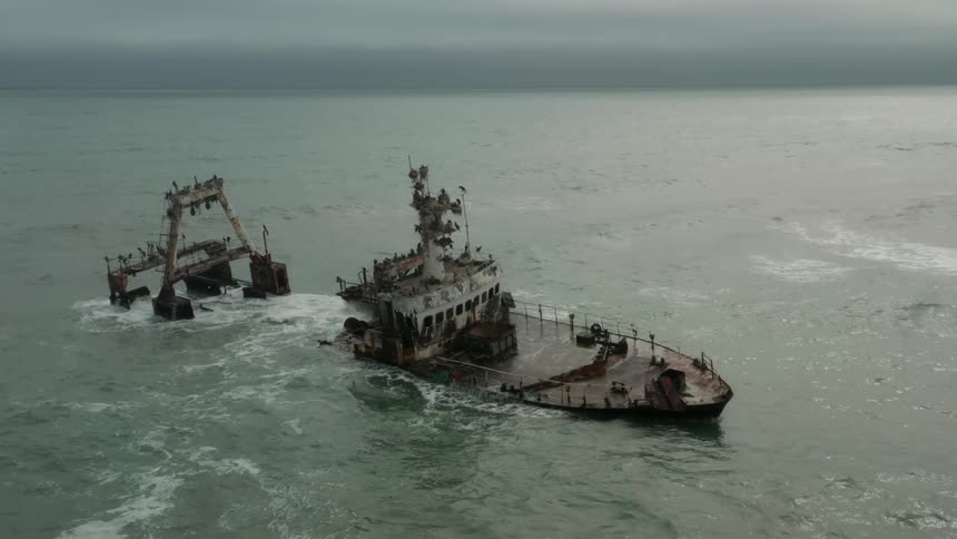 Aerial view of a grounded shipwreck