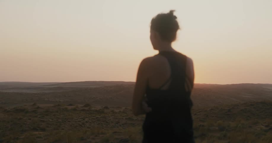 Person stands gazing at the sunset on the horizon