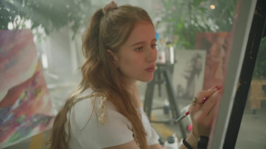 A young girl painting a large artistic picture
