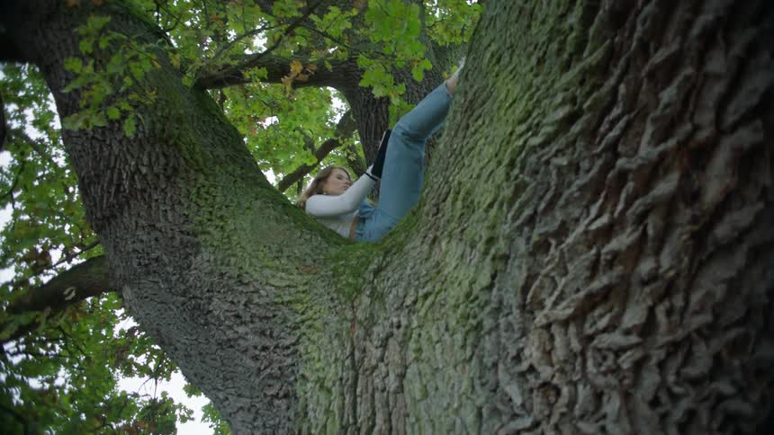 Young woman sitting on a tree writing