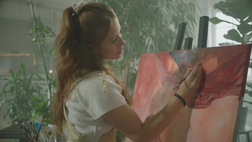 A woman works on a colored pencil drawing on a pad set on an easel