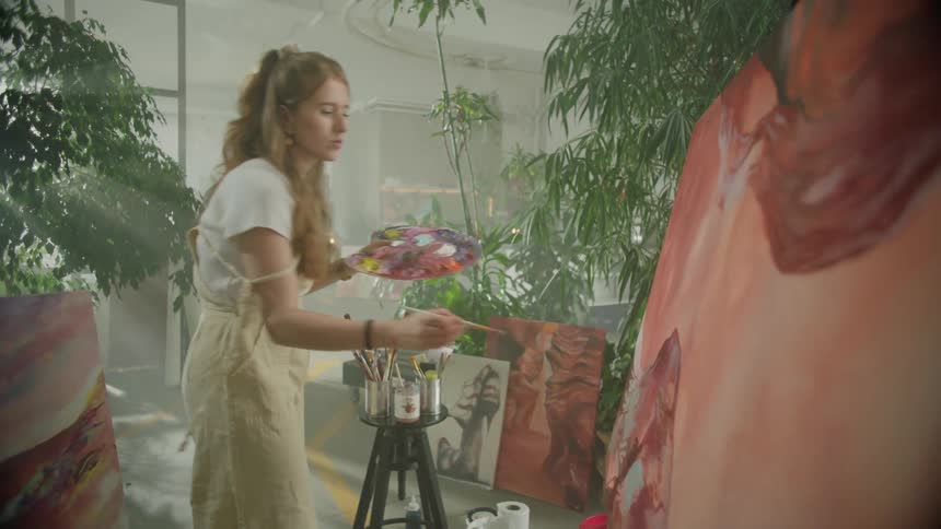 Woman wearing smock paints canvas indoors