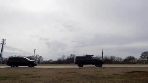 Four vehicles drive on road near barren trees during the day