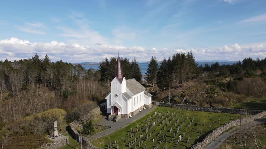 Aerial view of a church in the countryside