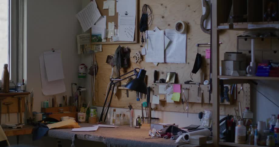 An artists work desk at home