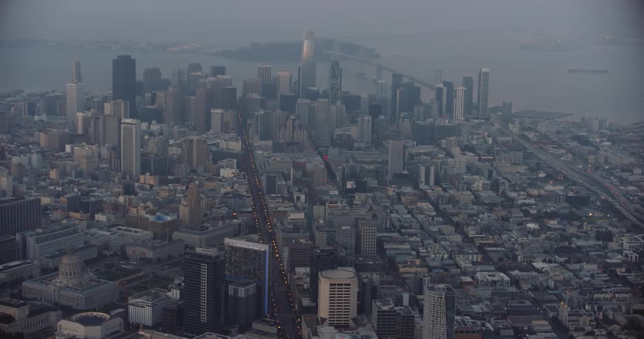 San Francisco, Aerial of a city skyline with water and fog in the background