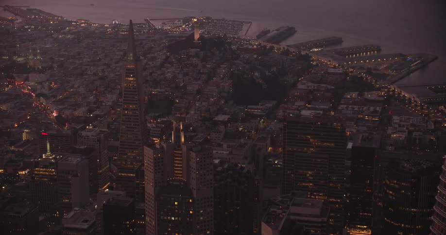 San Francisco, A city at night with skyscrapers and high rise buildings