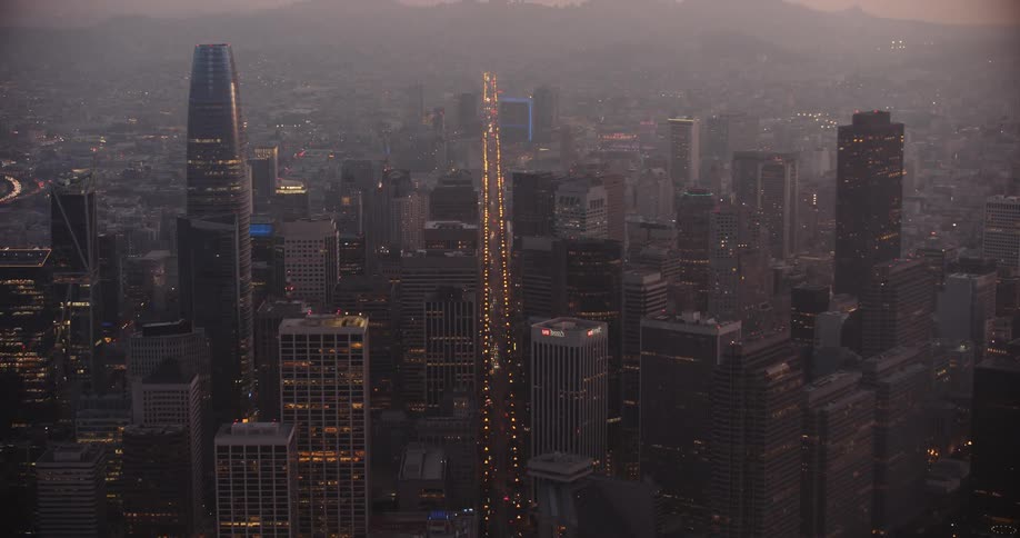 San Francisco, Aerial of skyscrapers in an urban area at dusk
