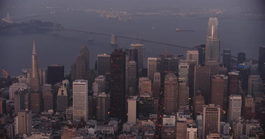 San Francisco, Skyline of a city with towers and skyscrapers during dusk