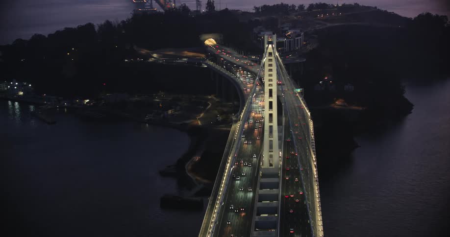 Aerial view of traffic on the San Francisco Bay Bridge at night