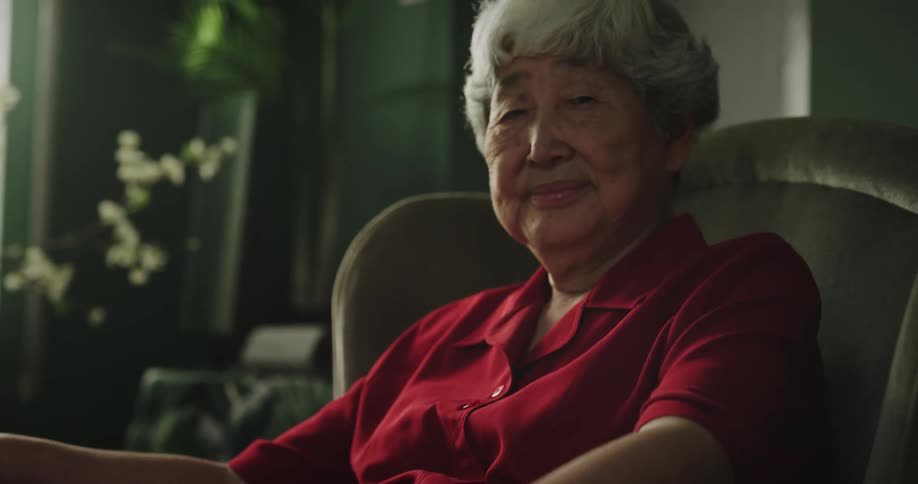 Elderly woman wearing a red shirt sits in a green armchair