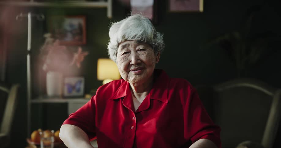 Portrait of an elderly asian woman sitting in an armchair and smiling