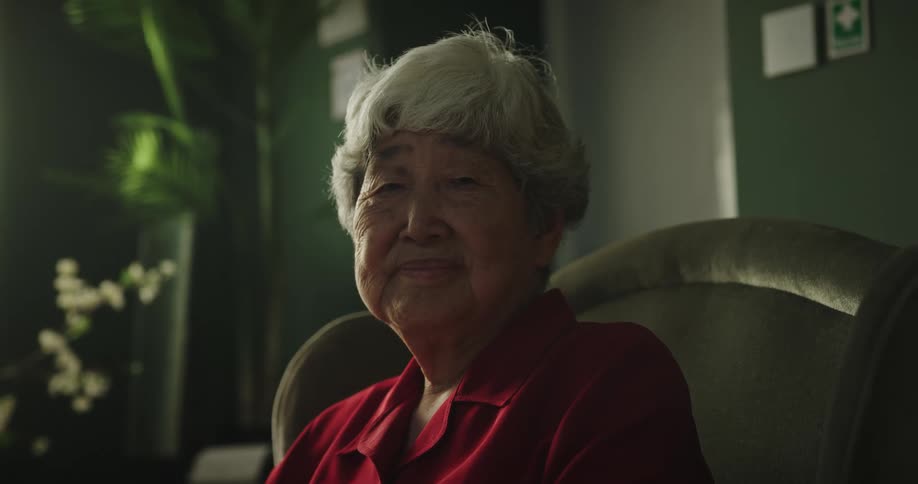 Asian elderly woman sitting on a chair in the living room