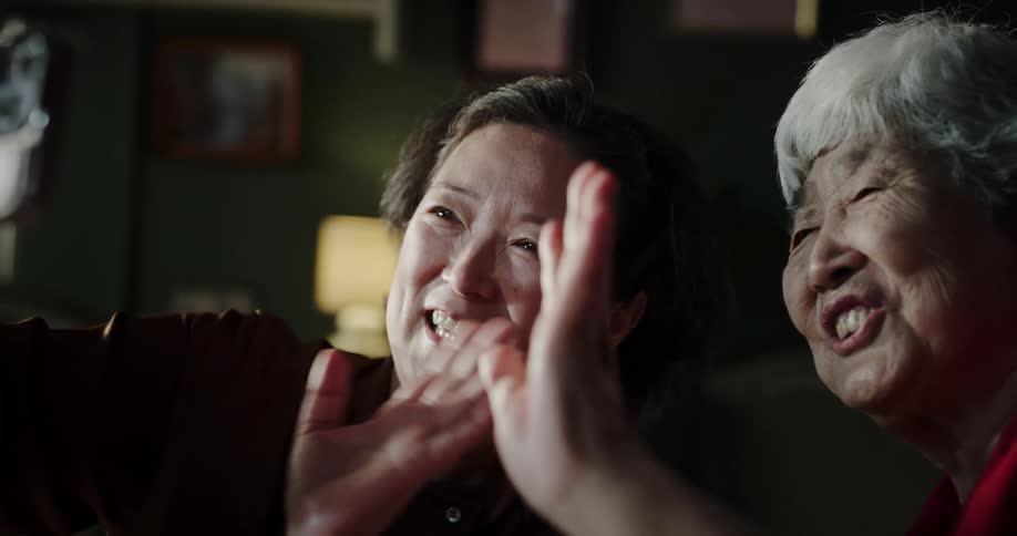 Portrait of two elderly women waving in a selfie on the phone