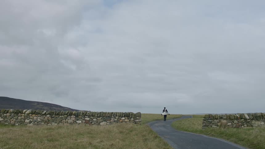 A person walking along an asphalt street in a grass field with a small stone wall