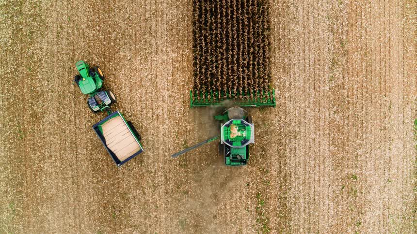 Graphic birds eye view of combine harvesting wheat field with green tractor and harvest bin driving alongside