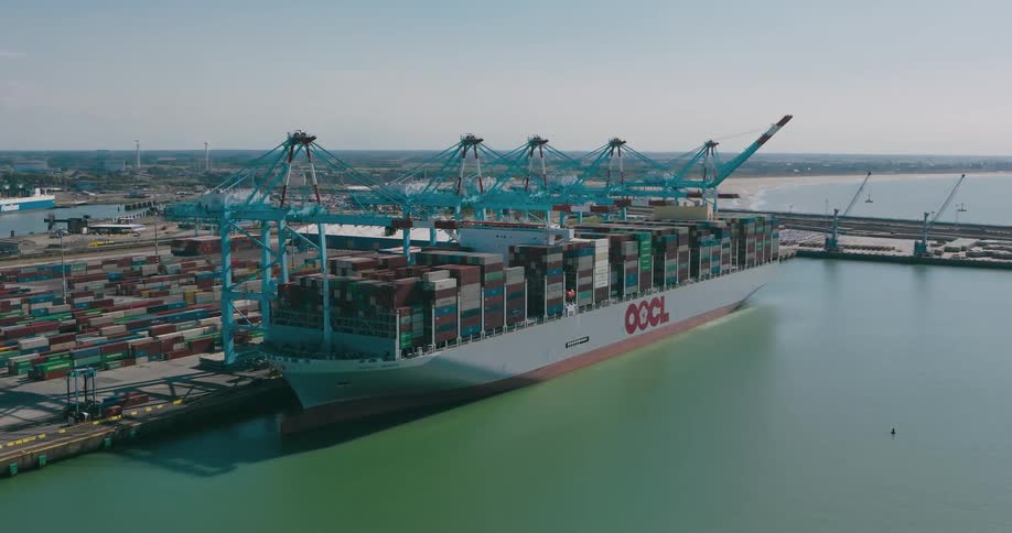 Aerial view of a container ship at the port