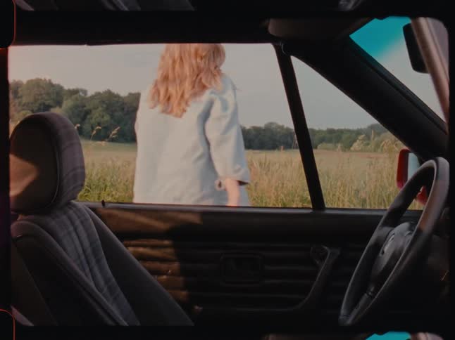A woman gets out of her car to look over the field