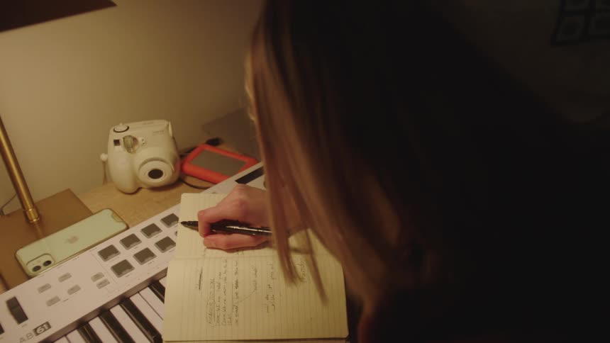 A woman falls asleep while writing in a notebook