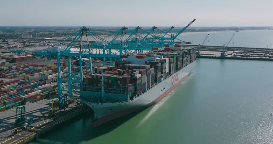 A freight ship is loaded with containers