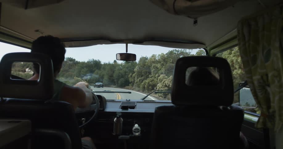 Tree lined highway as seen from backseat of vehicle interior