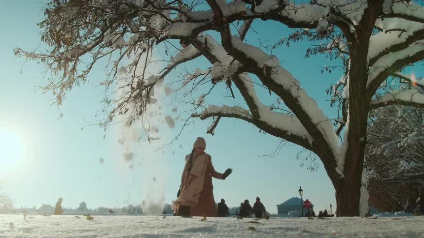 A young woman stands under a snow covered tree in a park and snow falls as she pulls a branch