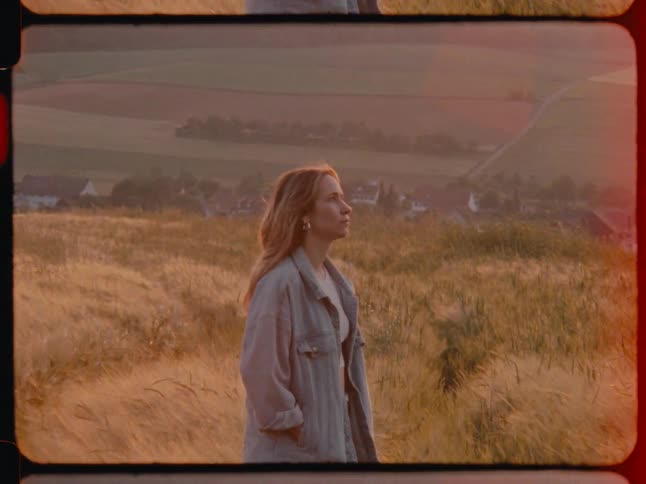 A woman standing in a meadow in a rural town admiring the sky