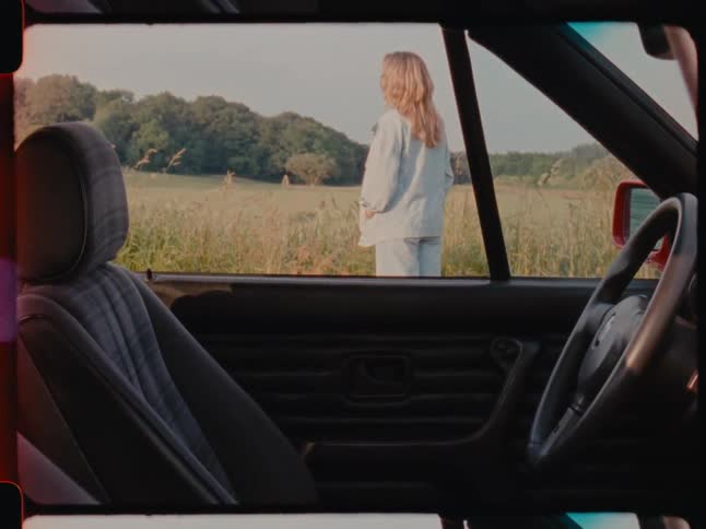 View from inside the car with a woman outside next to a grassland on a cloudy day