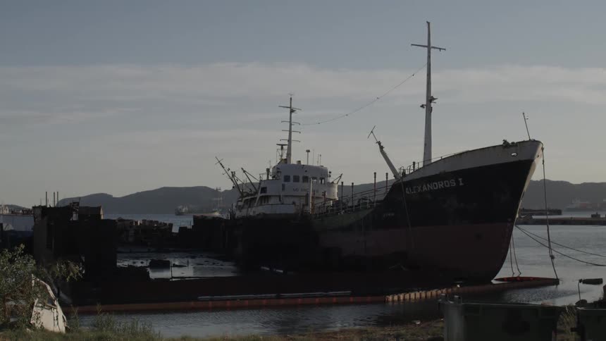 A large ship is docked by the shore