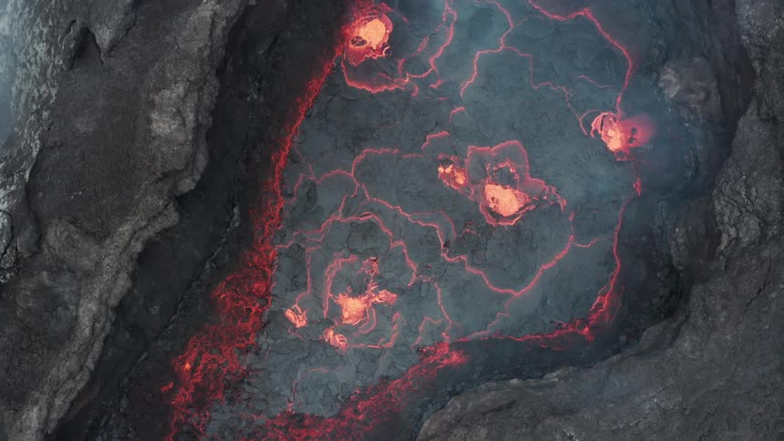 Lava bubbling inside an active volcanos crater