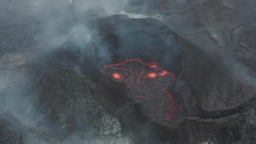 Aerial view of an active volcano