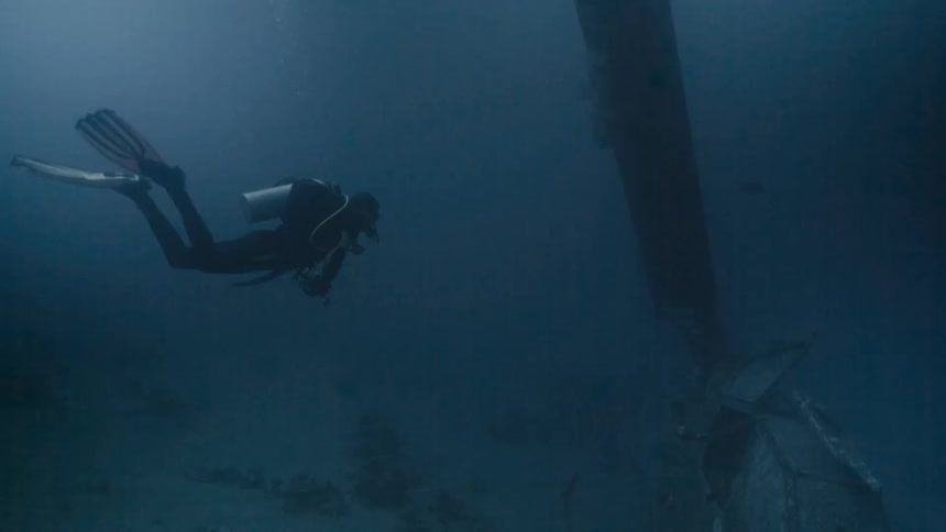 A scuba diver is looking at a ship wreck