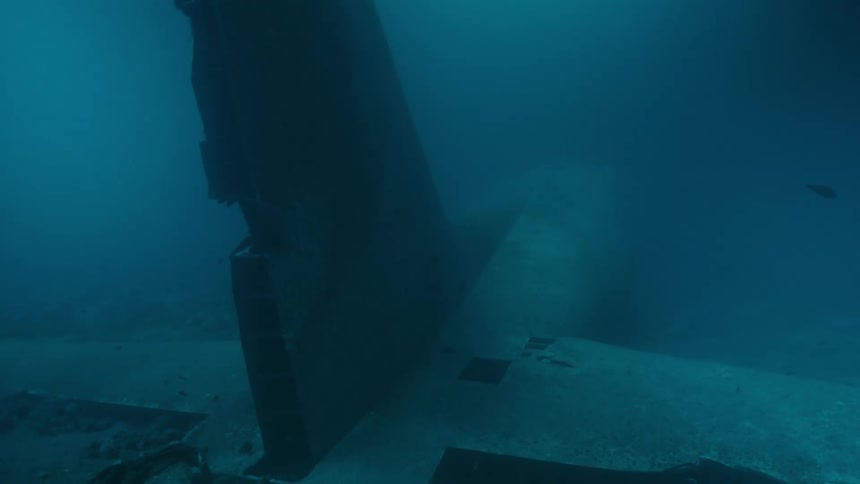 View from inside the sea with a sunken airplane