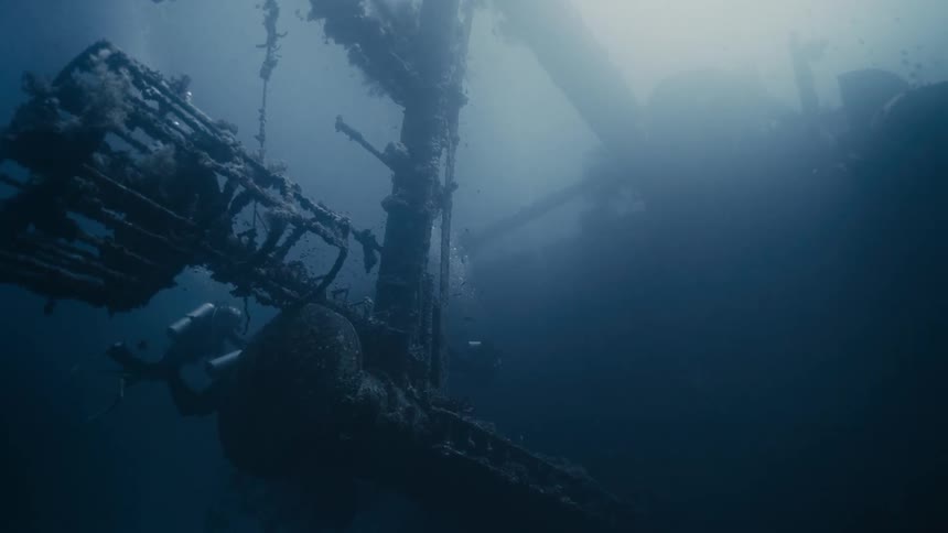 Two people scuba diving under the ocean near a wreck ship