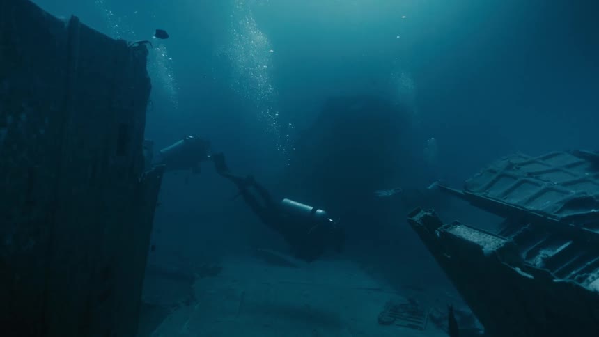 Divers swimming at the bottom of the sea amidst the wreckage