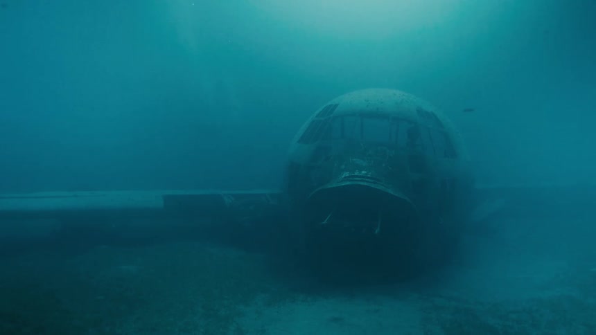 An airplane submerge below the ocean surface is explored by a diver
