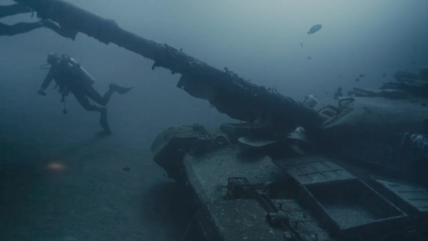 Two people scuba diving under the sea near an armored tank covered in ruin