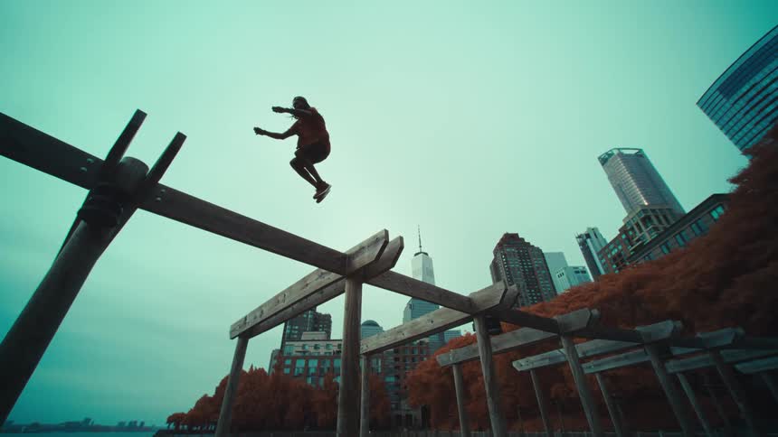 Man performs parkour by jumping from one pagoda pole to another in front of a city